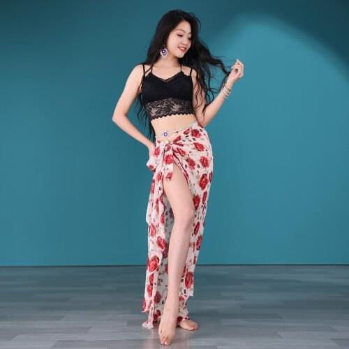 Belly Dance Summer Practice Clothes Suit Long Chiffon Flower Skirt Oriental Dance Performance Class Suit V Neck Lace Top Skirt