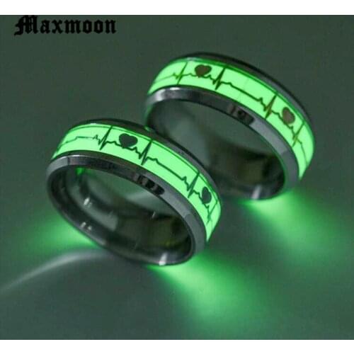Maxmoon Gold Silver Color Heartbeat Symbol Glow In The Dark 316 Titanium Stainless Steel Men Women Ring