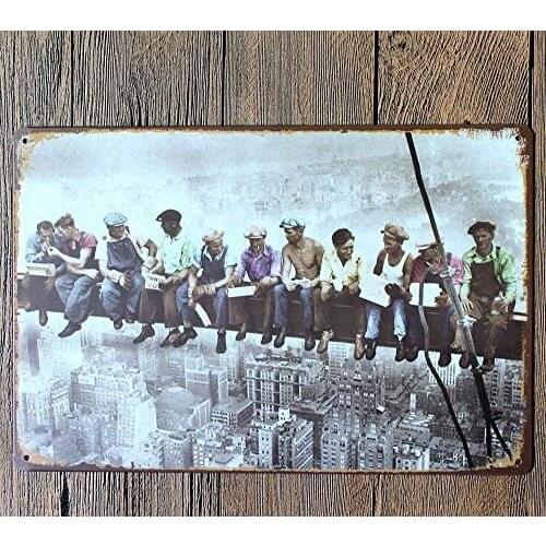 Metal Wall Sign Empire State Building Worker Lunch Time Classic Photo Home Bar Wall Decoration Vintage Metal Plate 8X12 Inches