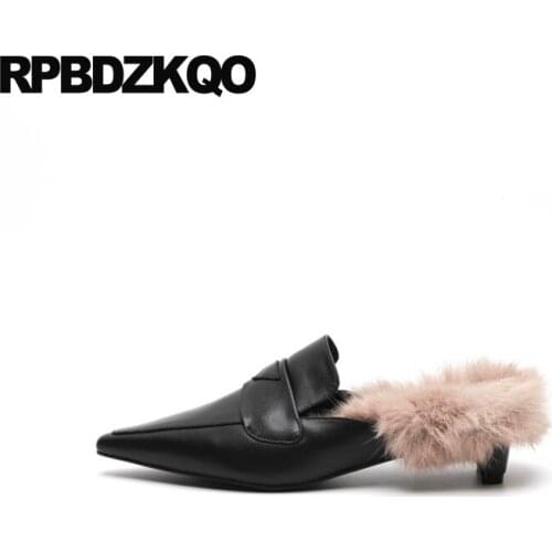 Fashion brown slip on flats genuine leather pointed toe female designer shoes china black fur chinese mules women 2019 ladies