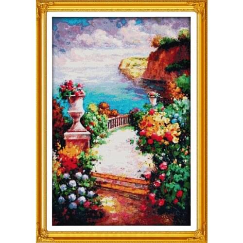 The Beach Path Among the Flowers Cross stitch kits 11ct Accurate Printed Embroidery DIY Handmade Needlework Home Decor Ricamo