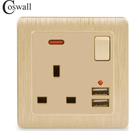 Coswall Wall Power Socket 13A UK Standard Switched Outlet 2.1A Dual USB Fast Charger Port LED indicator Gold Brushed Panel