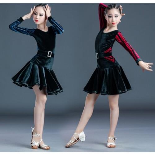 New Children Latin Dance Dress Female Autumn Winter Velvet Long Sleeve Ballroom Performance Competition Dress Dance Wear