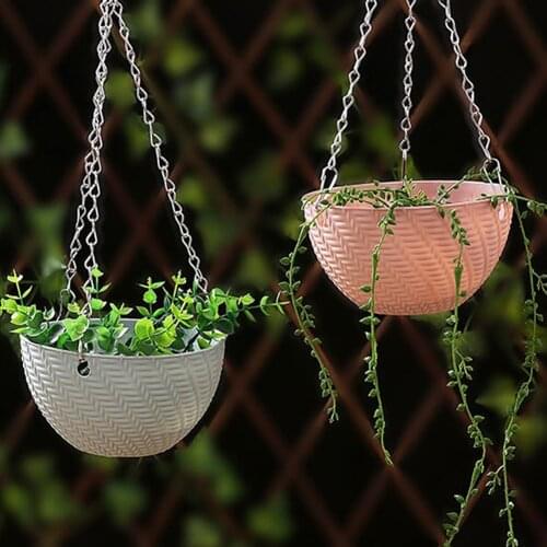 Hanging Baskets Rattan Woven Round Plastic Flower Pot Plant With Chain Houseplants Sky Planter Garden Balcony Decor