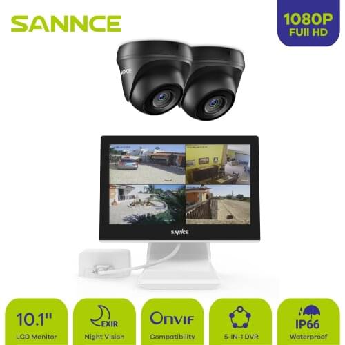 SANNCE 10"1 LCD Monitor 5in1 4CH DVR with 2PCS 1080P CCTV IP66 Waterproof Indoor Outdoor Security Bullet Camera System