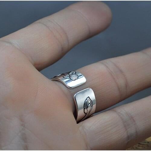 99 Silver Lotus Ring with Heart Sutra Adjustable Open End Finger Ring Jewelry Gifts SCVD889