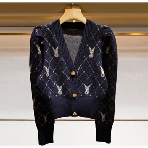 2020 Winter Bunny Single-breasted Wool Knit Cardigan Retro Check Jacket Womens Short Top