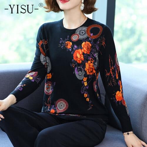 YISU Spring Autumn Fashion Women Wool Sweater O-Neck Knitted pullove tops Female Casual Flowers Printing Jumper Woman clothing