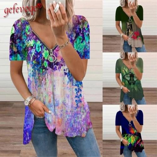 Summer Womens Clothing Butterfly Flowers 3D Printed Zipper T Shirts Elegantes Short Sleeve V-neck Loose Top Oversize Tees Femme