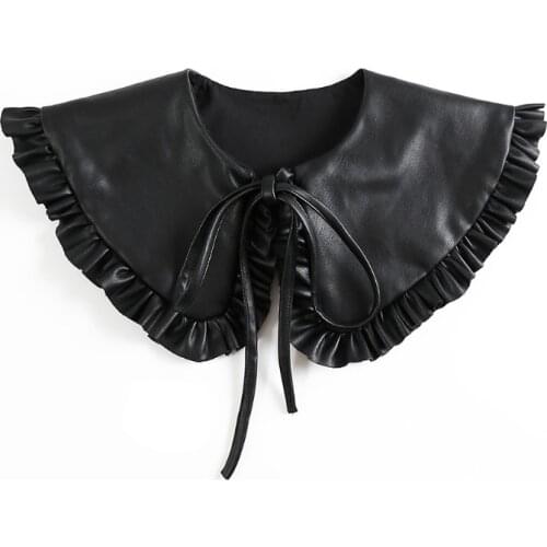 Women Faux Leather Black False Collar Shawl Korean Style Vintage Doll Ruffled Necklace Shoulder Wrap Decorative Poncho