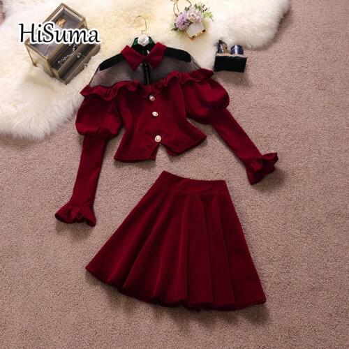 2021 Spring New Female Stand Collar Ruffles Velvet With Mesh Top Blouses + High Waist A-line Skirt Two-Piece Sets Women Suits