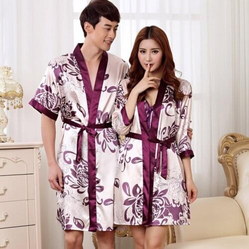 Women Fashion Floral Silk Satin Robe&Gown Set Sexy Nightdress Robe Set Or Men Half Sleeve Robe Bathrobe For Summer