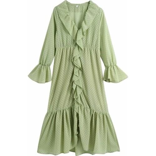 Evfer Women Fashion Sprint Pleated Ruffles Green Long Dresses Chic Lady Elegant V-Neck Long Sleeve Dot Print Chiffon Dress