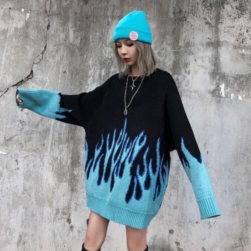 Knitted Flame Design Winter Clothes Woman Streetwear New Plus Size Goth Sweater Dress Sweaters For Women Fashion Streetwear