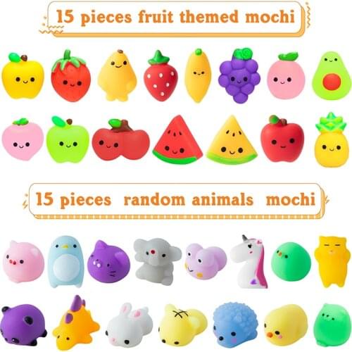 30Pcs Mochi Squeeze Toys for Children Party Decor Supplies Stress Relief Birthday Gifts Fruit and Animals Shape Kawaii Mini Toys