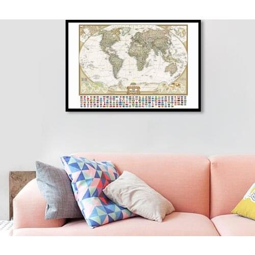 84*59 Detailed Map of The World with National Flags Retro Wall Art Poster Canvas Painting Classroom Home Decor School Supplies