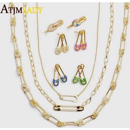 Drop shipping Gold filled micro pave cz safety pin link chain choker necklace 32+8cm for women girls unique fashion jewelry