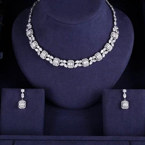 Janeklly trendy Wedding Necklace Earrings For Women Accessories Full Cubic Zirconia Bridal Jewelry Sets pendientes mujer moda