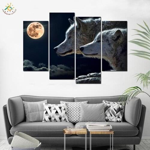 Night Wolves Enjoying Moonlight Modern Home Decor Canvas Painting Posters and Prints Wall Pictures for Living Room 4 Panels
