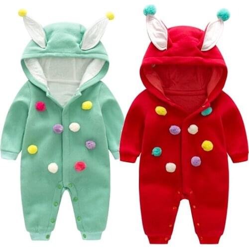 Newborn Baby Boy Girl Winter Hooded Romper Green rabbits ears fluff Baby one piece Clothes Jumper