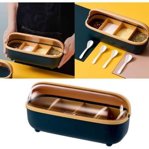 94PF Kitchen Condiment Seasoning Box with Cover 4 Compartments Spice Cruet Salt Storage Container Home Kitchen Tool Gadgets