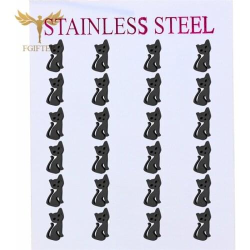 Fashion Animal Earrings Black Cat Stud Earring Stainless Steel Stud Earings Wholesale 12pairs Jewelry Gift