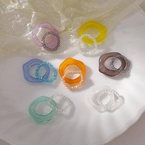 2021 Vintage Resin Ring Set Korea Spring Colorful Crystal Beads Resin Rings for Women Party Jewelry Gifts