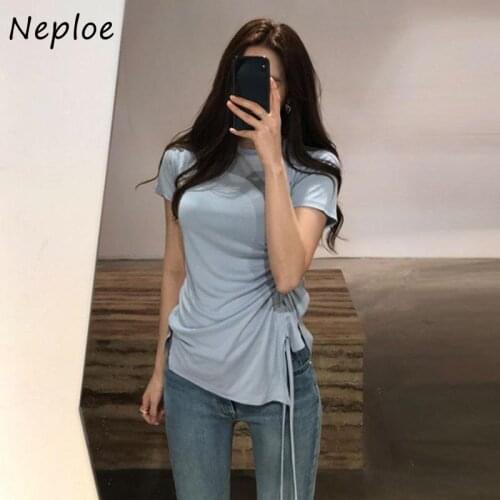 Neploe Korean Side Drawstring Design Slim Fit T Shirt Women O Neck Pullover Short Sleeve Solid Tees Summer 2021 New Lady Top