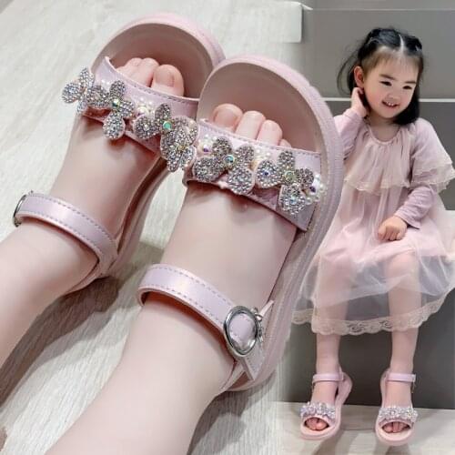 2021 Brand New Girls Sandals Princess Soft Kids Beach Sandals Rhinestone Floral Bling Children Dress Shoes Kids Summer Sandals