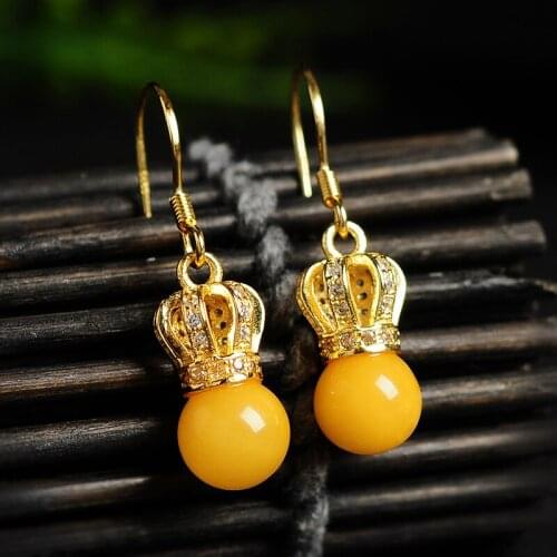 Original 925 silver inlaid natural yellow honey wax beads earrings goddess queen amber jewelry earrings crown earrings