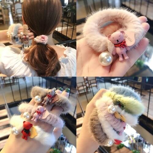 Plush Pearl Hair Rope Hairy Cute Headdress Accessories Candy Color Tie Hair Rubber Band Hair Circle Bold