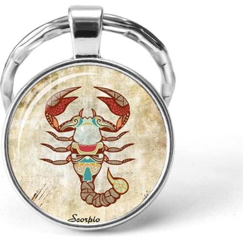 Birthday Gift 12 Zodiac Sign Glass Dome Jewelry Keychain Virgo Libra Scorpio Cancer Leo Constellation Pendant Key Chain Ring