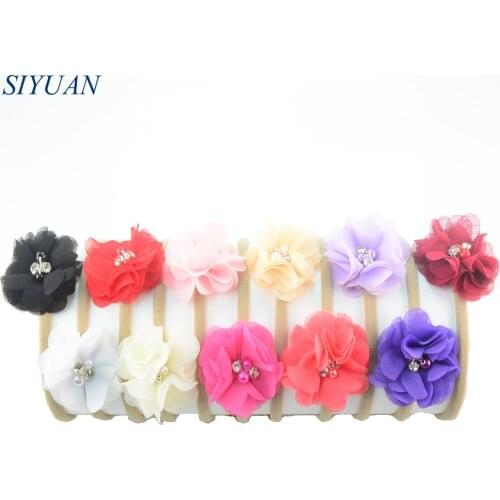 50pcs/lot 23 Color Nylon Headband With Petite Chiffon Pear Rhinestone Flower Girls Hair Accessories Photography Props FD208
