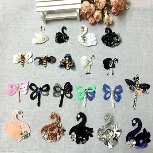 Ostrich Swan dragonfly Bee patches Cloth S Handmade Beaded Sequins Corsage Patch DIY Patch