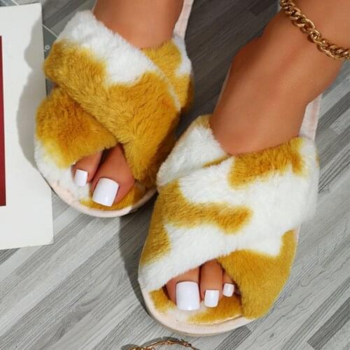 Women Furry Slippers Plush Flat Peep Toe Female Indoor Ladys Shoes Home Autumn Winter Keep Warm Slipper Comfort Leisure Slides