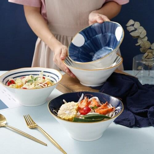 Qingyao Japanese Hat Bowl Retro Home Kitchen Tableware New Bone China Underglaze Ramen Bowl Fruit Salad Noodle Bowl