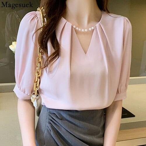 Elegant Loose Pearl V-neck Blouse Women 2021 Summer Korean Fashion Slim Chiffon Shirts Ladies Short Sleeve Pleated Tops 15202