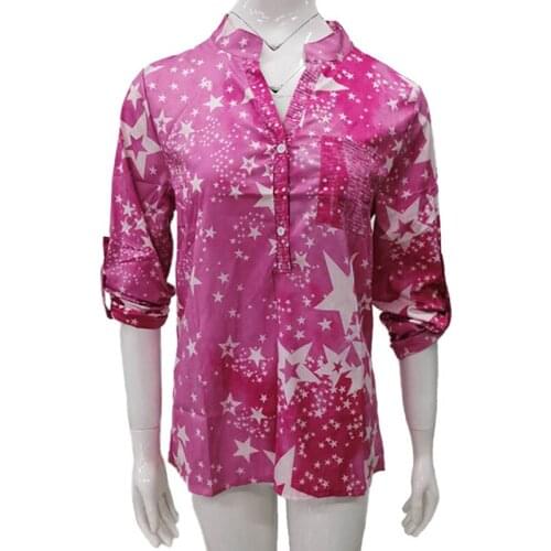 2021 Blouse Women New Shirt Top Long Sleeve Star Print Shirts Lady Fashion V-neck Pocket Button Streetwear Loose Chiffon Shirt