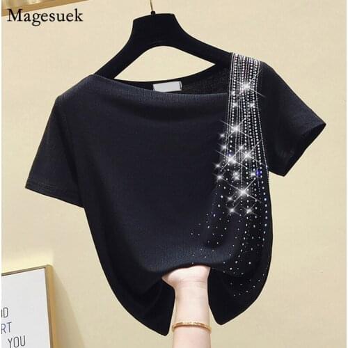 Short Sleeve Spring Summer Knitted Tops Casual Womens Clothing New Diamonds Woman Shirts Slash Neck Black Blouses Blusas 10016