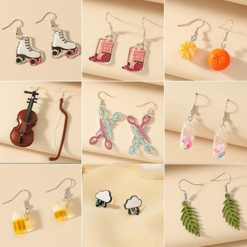 Colorful Acrylic Cloud Fruit Snack Pendant Drop Earrings for Women Cute Capsule Violin Cartoon Earrings Korean Fashion Girl Gift