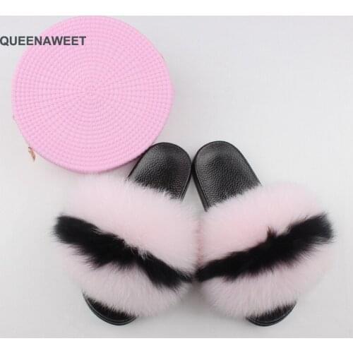 Women Fox Fur Slides Matching Colorful Jelly round Bag Women New Fashion Fluffy Fox Fur Slippers Drop Shipping Women Winter Warm