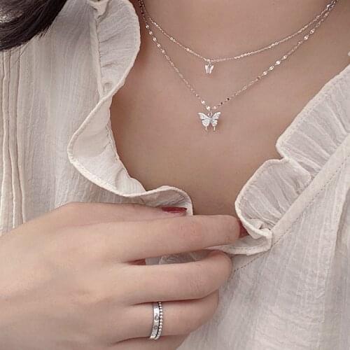925 Sterling Silver Multi-Layer Crystal Butterfly Charm Pendant Choker Necklace For Women Statement Jewelry dz788