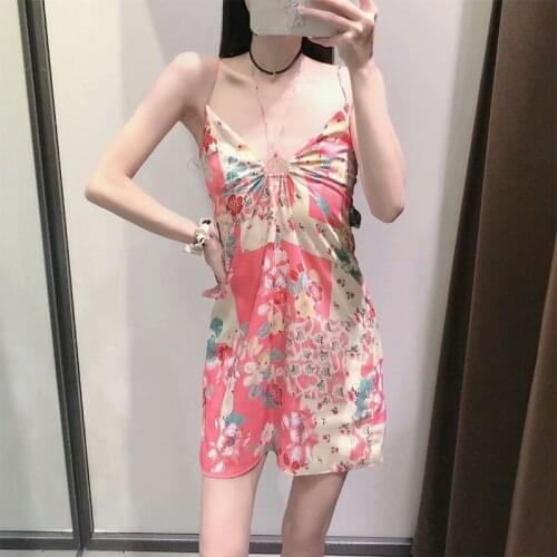 YENKYE New 2021 Women Floral Print Sexy Sling Dress Female Sleeveless Halter V Neck Holiday Summer Beach Dress Short Vestido