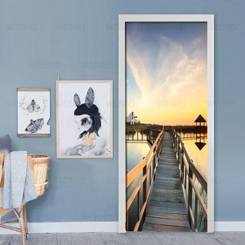 3D Door Stickers Sunset Seascape Wooden Bridge Waterproof Mural Living Room Bedroom Door Decor Wallpaper Self Adhesive Decals