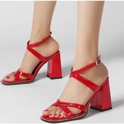 Women Mirrored Patent Leather Rhinestone Square Heel Sandals Sizes 34-43 Fashion Buckle Open Toe Sandals Summer Dress Shoes