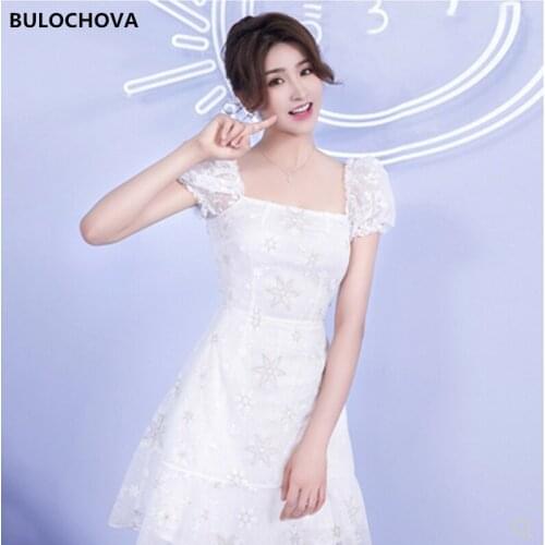 BULOCHOVA Women Fashion Square Collar Puff Sleeve Party Mini Dress High Quality Lace Embroidery Sequins Summer Vestidos 2021 New