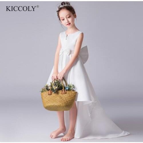Elegant Long Trailing Flower Girl Dress Party Pageant Gown Bow Satin Princess Wedding Dress Sleeveless First Communion Dresses
