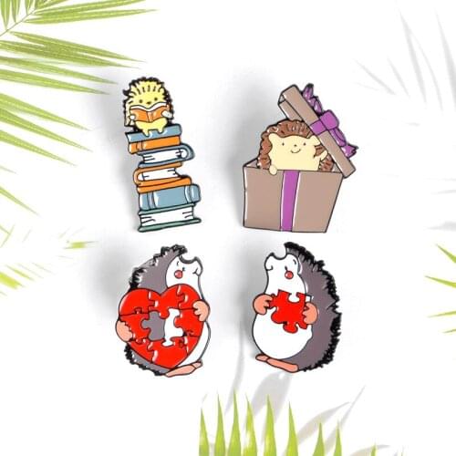 Hedgehog Lovers Enamel Pin Books Love Puzzles Brooches For Bags Clothes Lapel Pin Badges Fun Animal Jewelry Gift Kids Friends