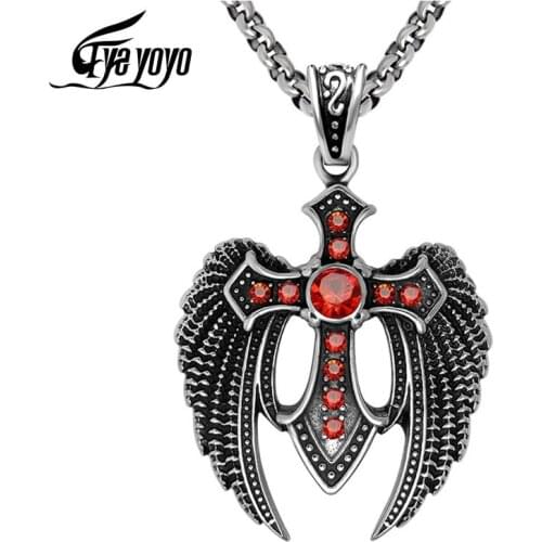 EyeYoYo Men Animal Cross Necklace Eagle Dapeng Spread Wing Domineering Red Zircon Cross Pendant Necklace