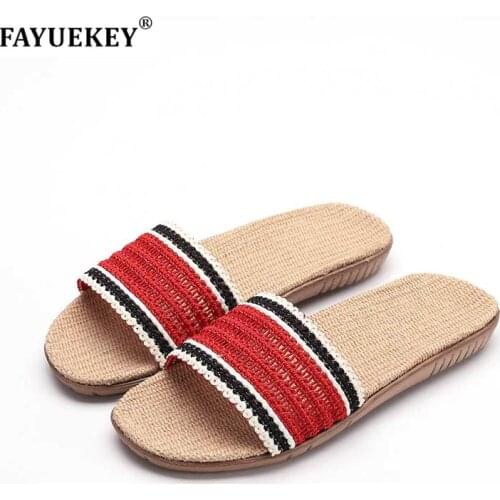 FAYUEKEY Flax Linen Home Summer Slippers For Women Beach Non-slip Soft Unisex Floor Breathable Hollow Out Slides Slippers